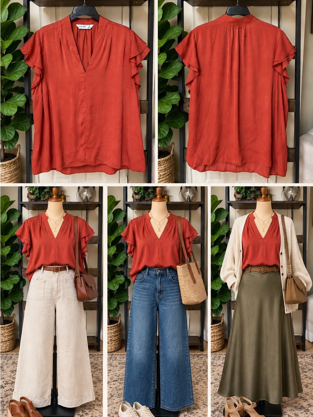 Nine West Orange-Red V-Neck Flutter Sleeve Blouse